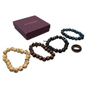 Yonkers Wood Natural Wood Round Bead Stretch Bracelets Set 4 Ring Sz 7 EUC